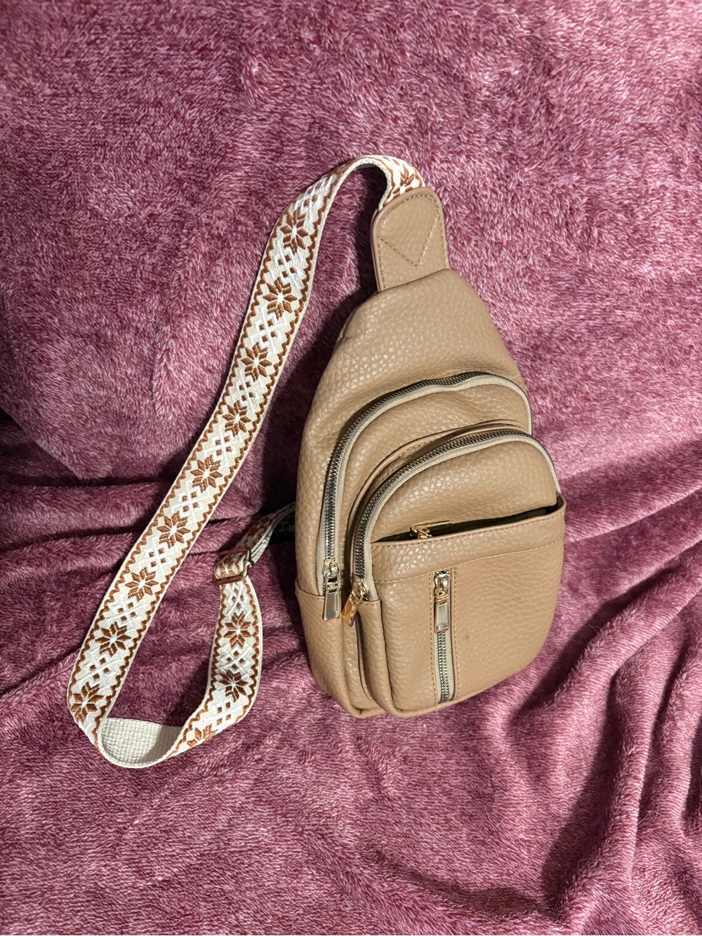 Taupe Textured Crossbody Sling Bag with Patterned Strap
